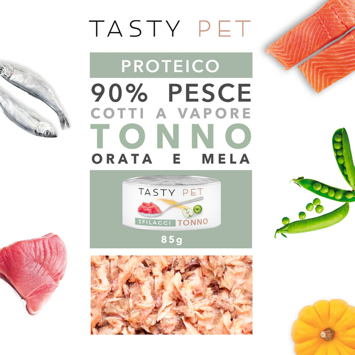Tasty Pet Confezione di Alimento Completo Umido per Gatti - 5115 Sfilacci di Tonno Orata e Mela