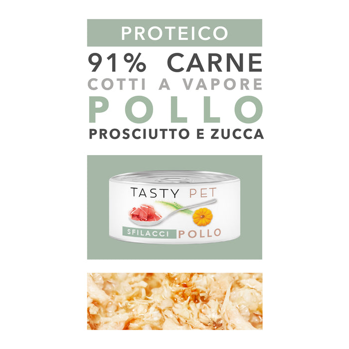 Tasty Pet Confezione di Alimento Completo Umido per Gatti - 5116 Sfilacci di Prosciutto Pollo e Zucca