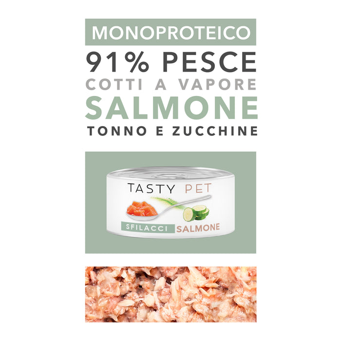 Tasty Pet Confezione di Alimento Completo Umido per Gatti - 5118 Sfilacci di Salmone Tonno Zucchine