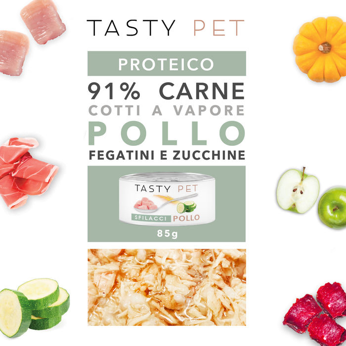 Tasty Pet Confezione di Alimento Completo Umido per Gatti - 5117 Sfilacci di Pollo Fegatini Zucchine