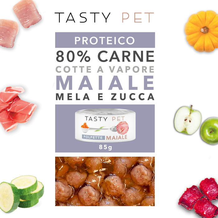 Tasty Pet Confezione di Alimento Completo Umido per Gatti - 5601 Polpette al sugo Maiale Mela e Zucca