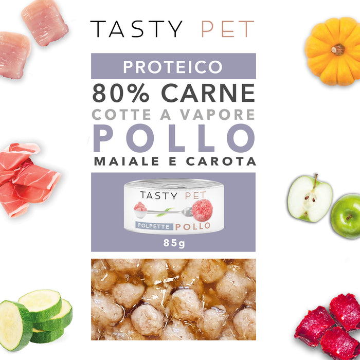 Tasty Pet Confezione di Alimento Completo Umido per Gatti - 5602 Polpette al sugo Pollo maiale e carota