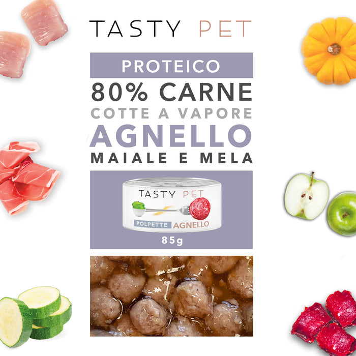 Tasty Pet Confezione di Alimento Completo Umido per Gatti - 5603 Polpette al sugo Agnello Maiale e Mela