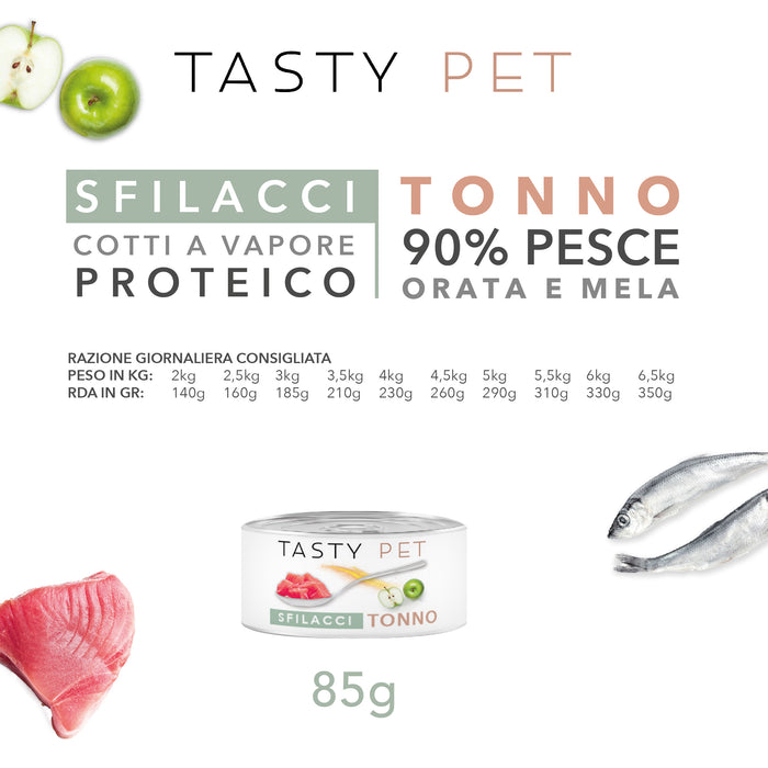 Tasty Pet Confezione di Alimento Completo Umido per Gatti - 5115 Sfilacci di Tonno Orata e Mela
