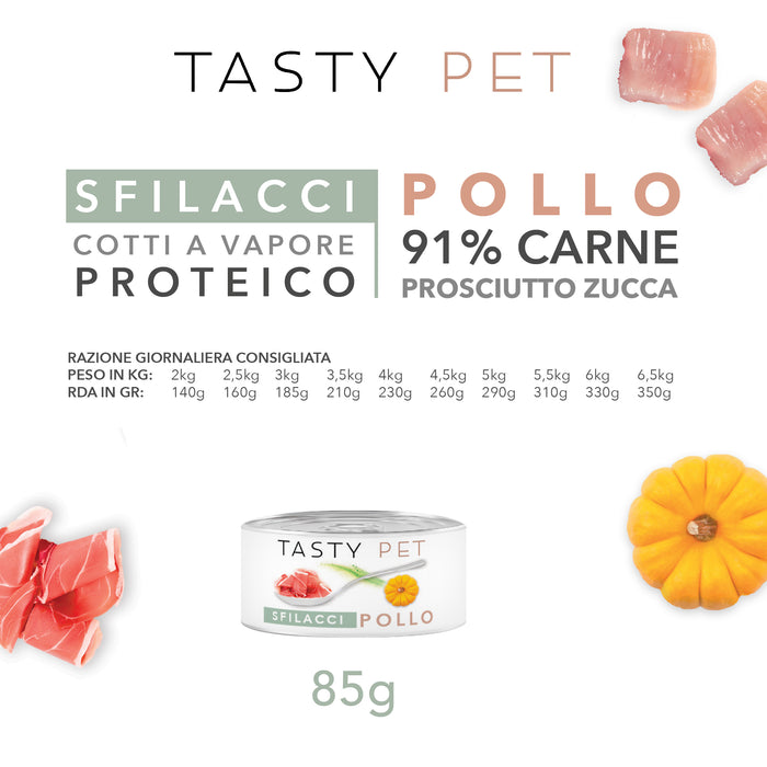 Tasty Pet Confezione di Alimento Completo Umido per Gatti - 5116 Sfilacci di Prosciutto Pollo e Zucca