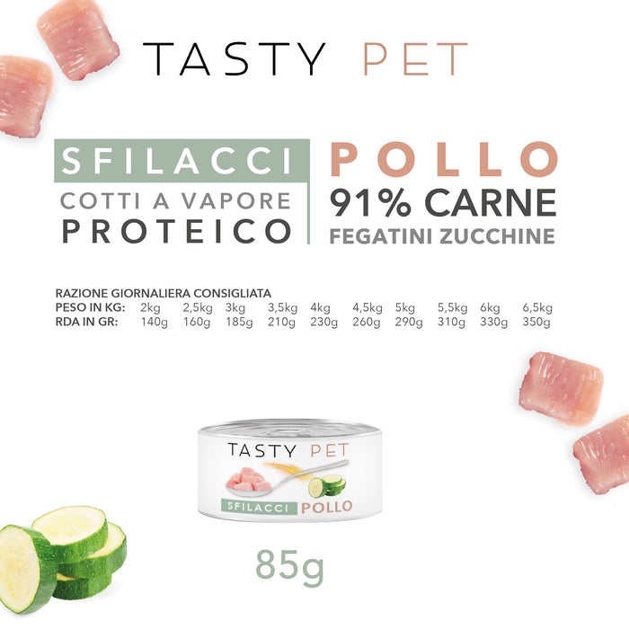 Tasty Pet Confezione di Alimento Completo Umido per Gatti - 5117 Sfilacci di Pollo Fegatini Zucchine