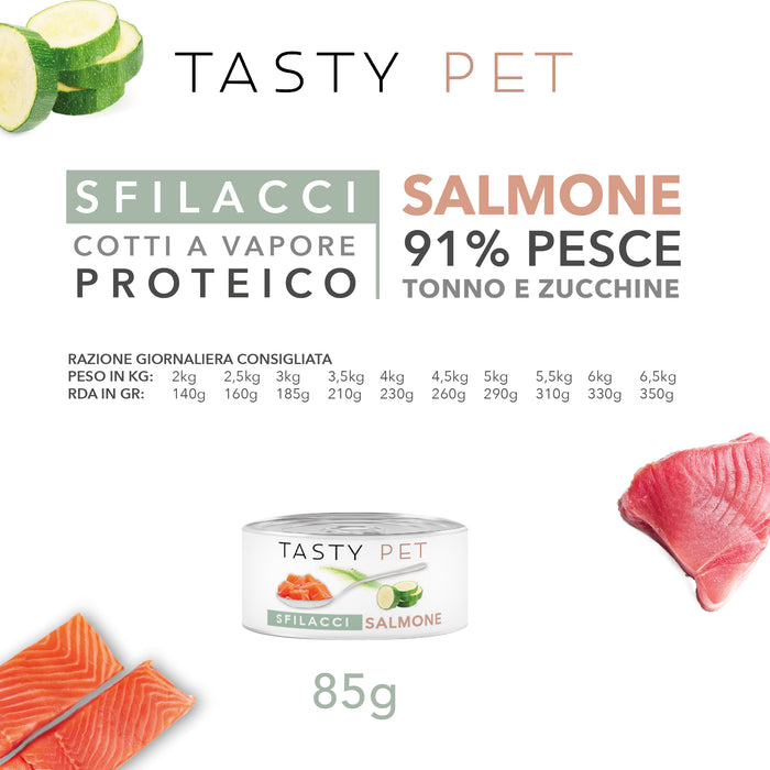 Tasty Pet Confezione di Alimento Completo Umido per Gatti - 5118 Sfilacci di Salmone Tonno Zucchine