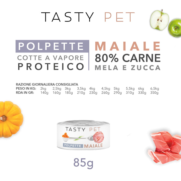 Tasty Pet Confezione di Alimento Completo Umido per Gatti - 5601 Polpette al sugo Maiale Mela e Zucca