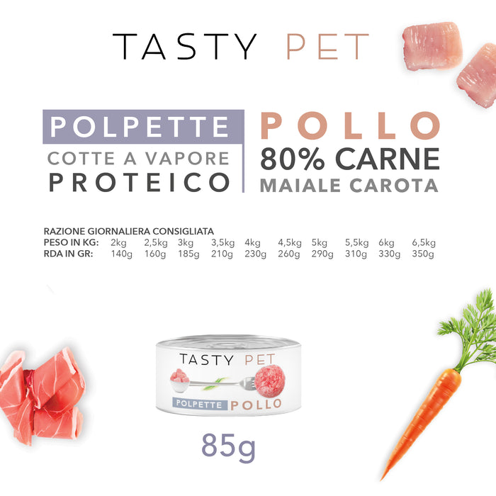 Tasty Pet Confezione di Alimento Completo Umido per Gatti - 5602 Polpette al sugo Pollo maiale e carota
