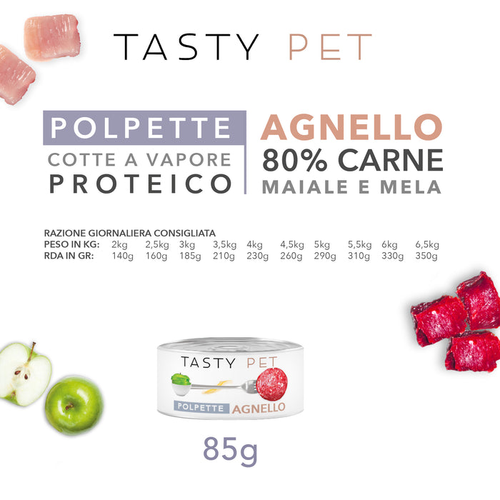 Tasty Pet Confezione di Alimento Completo Umido per Gatti - 5603 Polpette al sugo Agnello Maiale e Mela