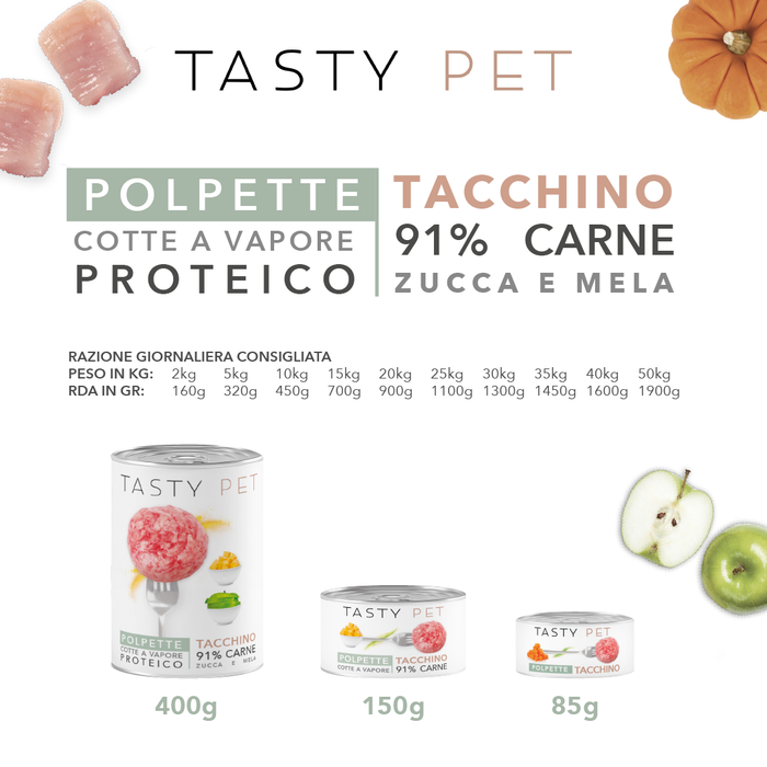 Tasty Pet Confezione di Alimento Completo Umido per Cani - 2602 Polpette al Sugo Tacchino con Mela e Zucca