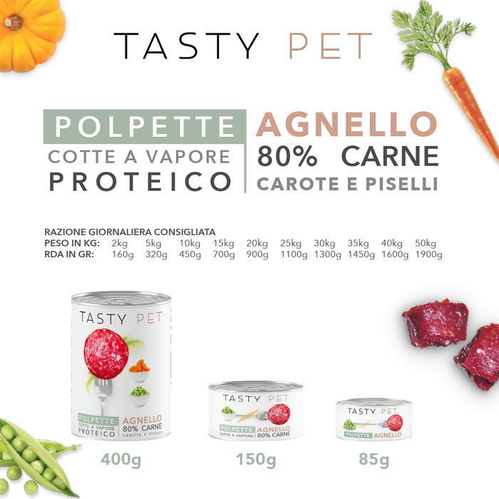 Tasty Pet Confezione di Alimento Completo Umido per Cani - 2603 Polpette al Sugo Agnello carote e piselli