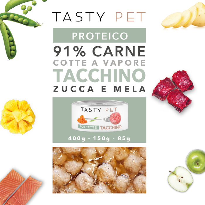 Tasty Pet Confezione di Alimento Completo Umido per Cani - 2602 Polpette al Sugo Tacchino con Mela e Zucca