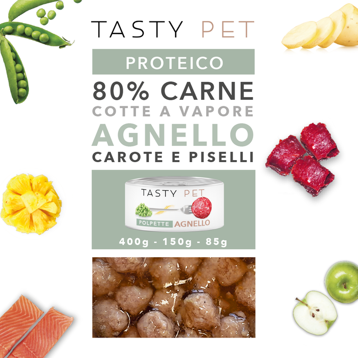 Tasty Pet Confezione di Alimento Completo Umido per Cani - 2603 Polpette al Sugo Agnello carote e piselli